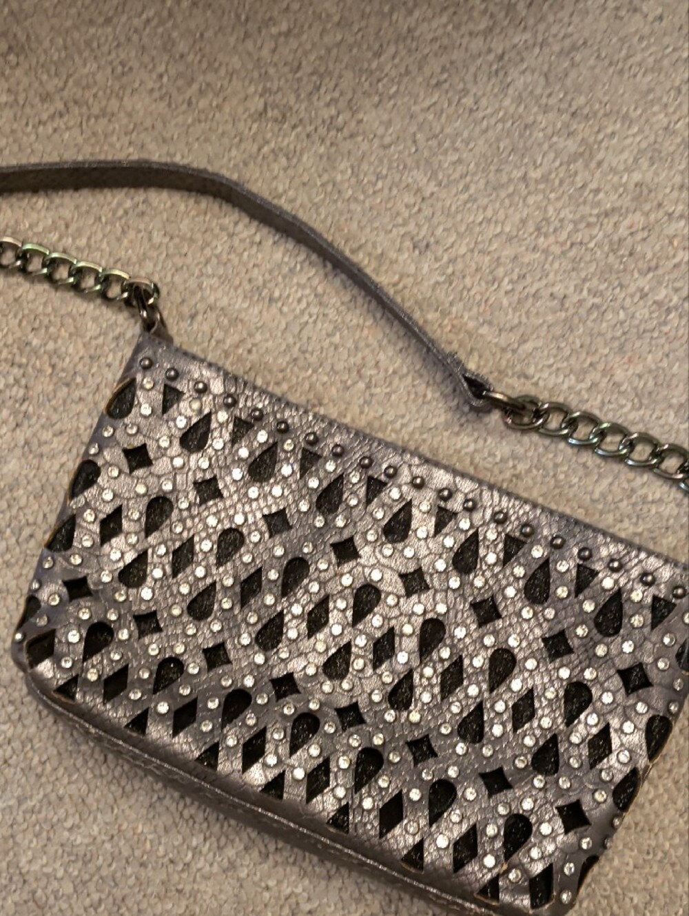 Yuomi K. Silver Embellished Evening Hand Bag Sparkling Rhinestone Detail